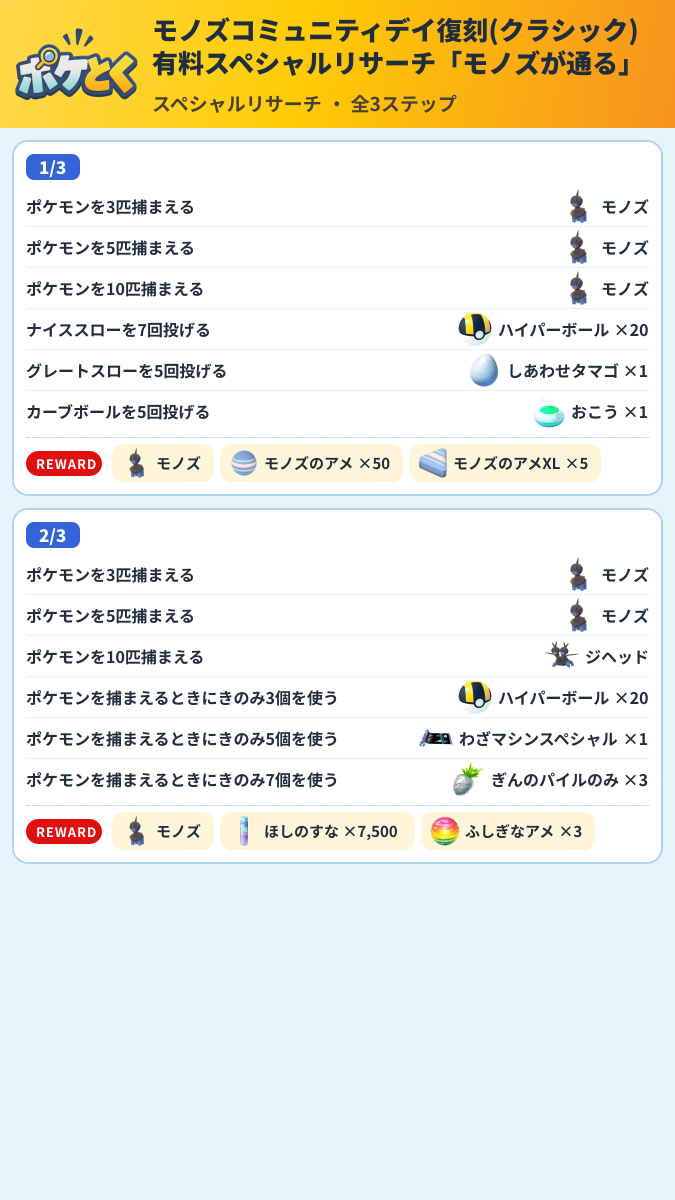 モノズコミュニティデイ復刻(クラシック)有料スペシャルリサーチ「モノズが通る」 スペシャルリサーチ攻略のまとめ画像 (1/2)