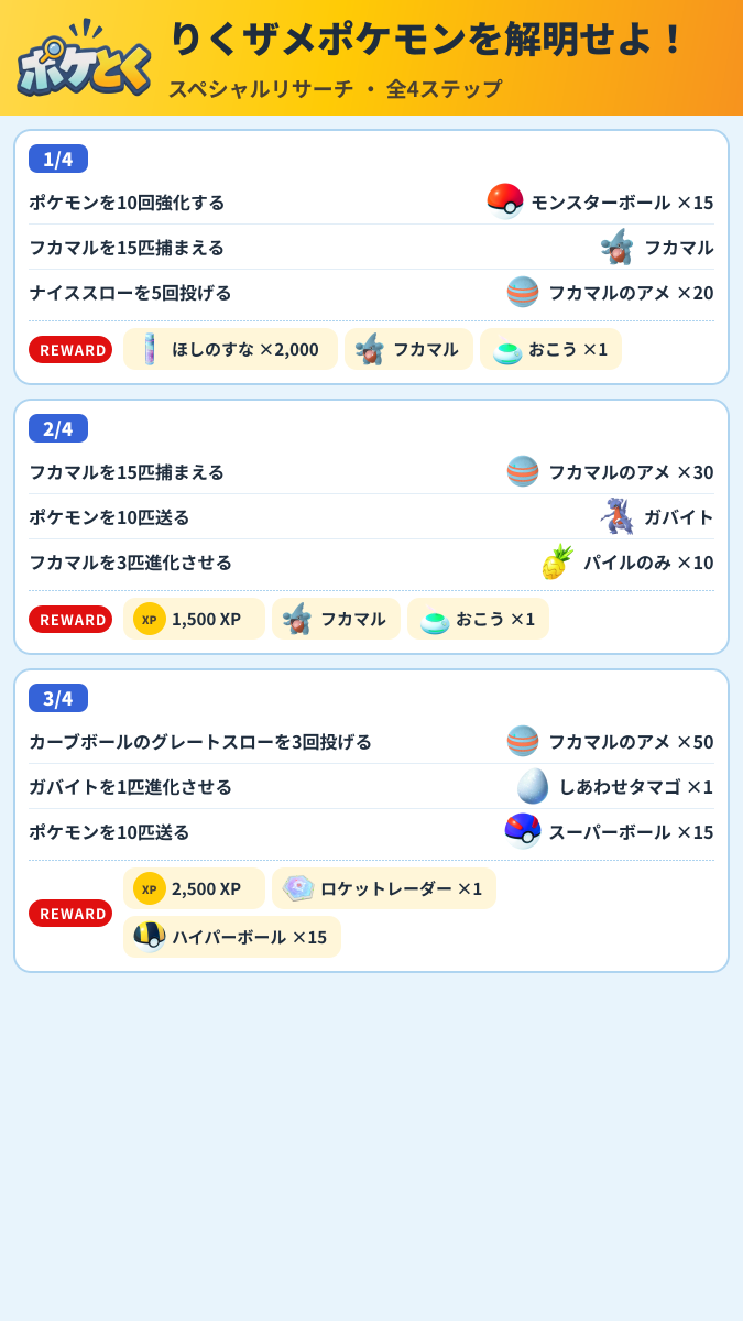 りくザメポケモンを解明せよ! スペシャルリサーチ攻略のまとめ画像 (1/2)