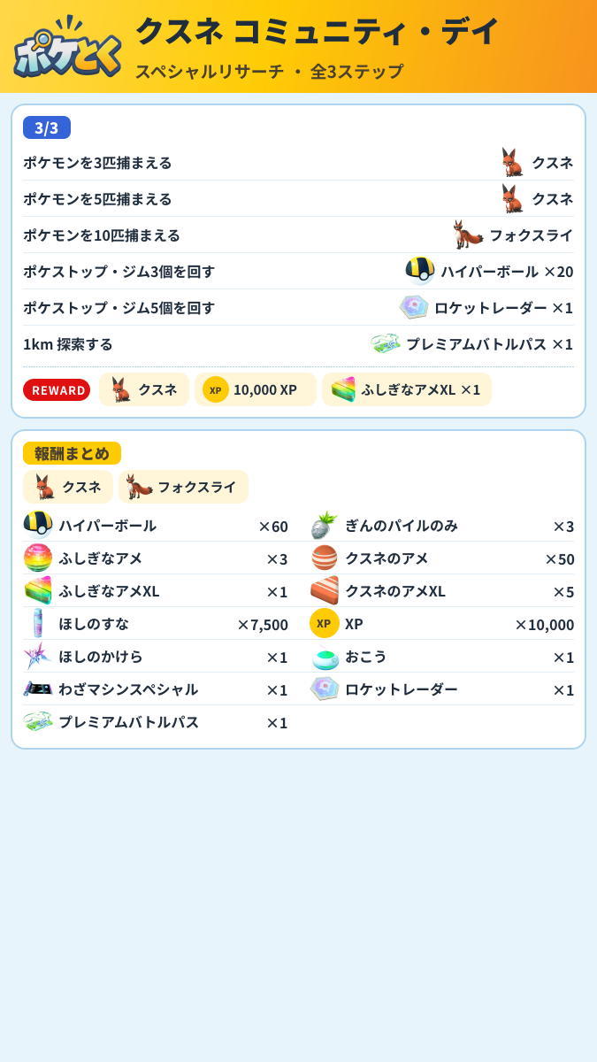 クスネ コミュニティ・デイ スペシャルリサーチ攻略のまとめ画像 (2/2)