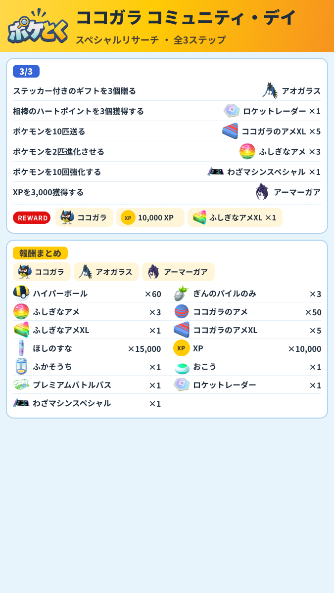 ココガラ コミュニティ・デイ スペシャルリサーチ攻略のまとめ画像 (2/2)